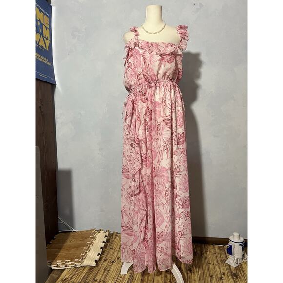 Anthropologie Gal Meets Glam Dress Pink Floral Size 10 Racerback Straps Ruffle - Picture 3 of 13